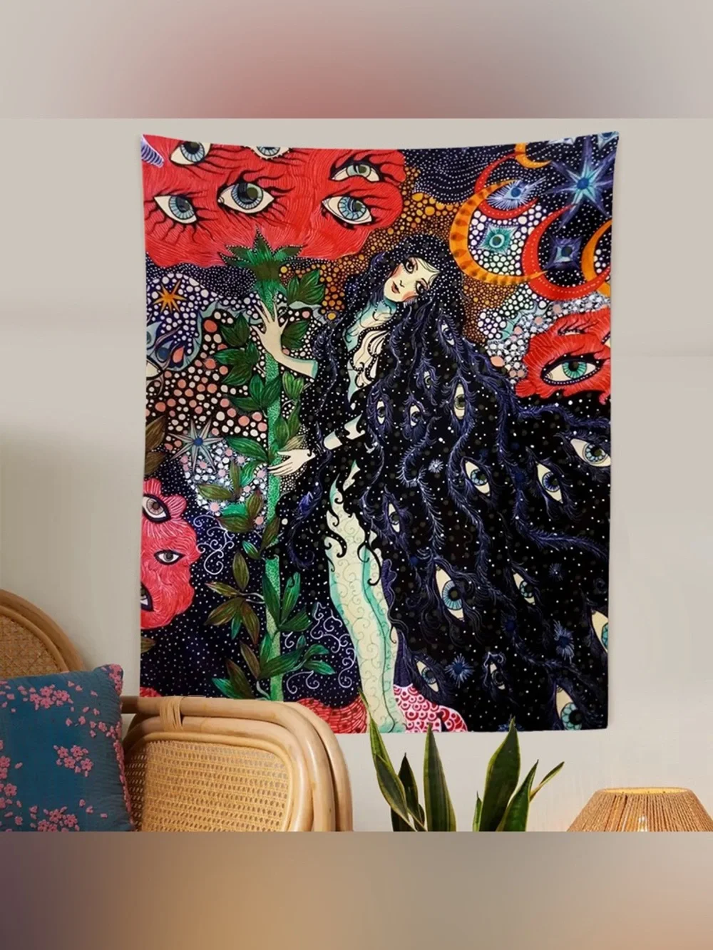Psychedelic Goth Graphic Hanging Girl Eyes Tapestry Wall Decor